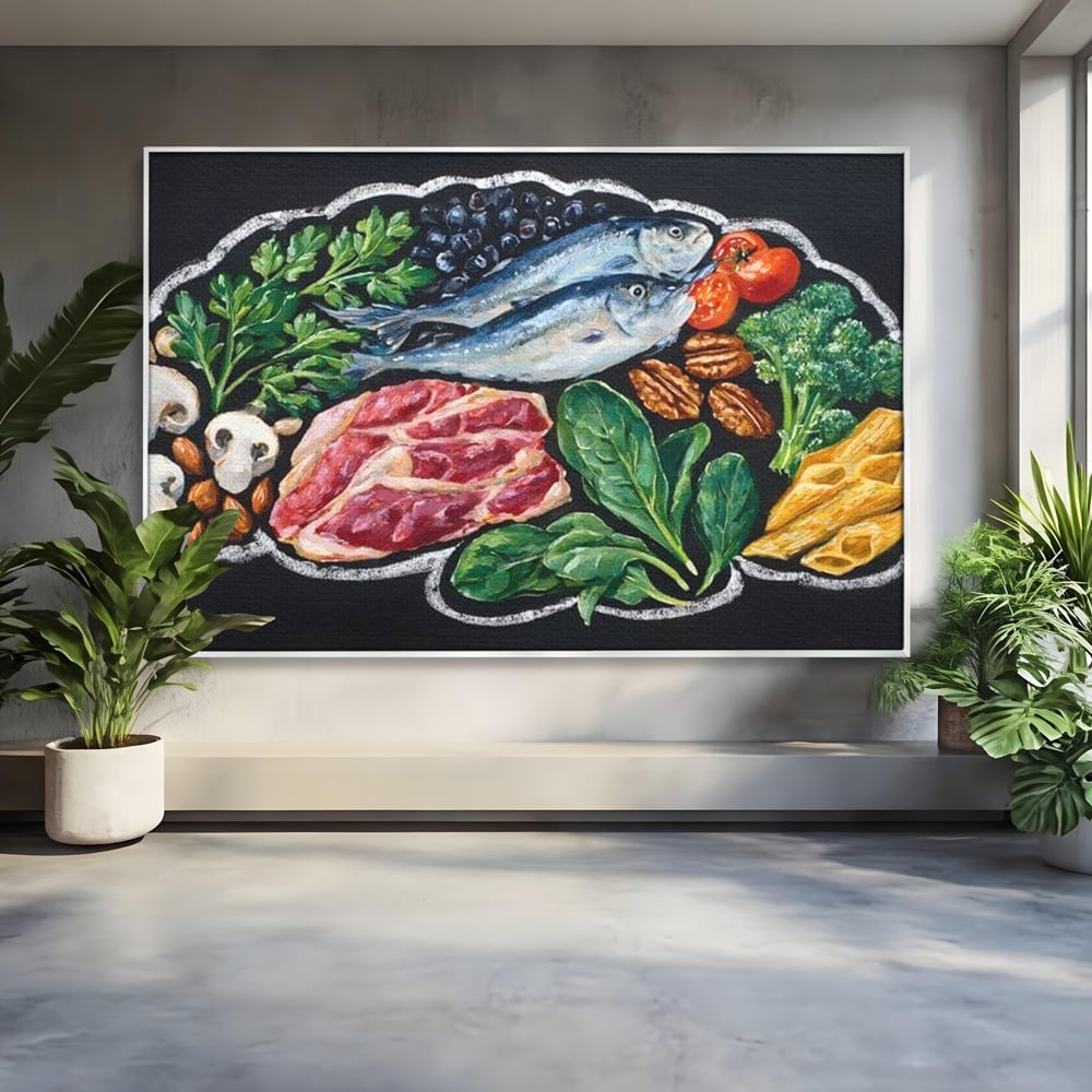 Tablou canvas cu pictura cu alimente variate pe fundal negru, in rama de aluminiu argintiu